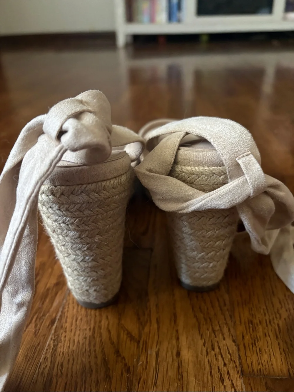 Light Pink Espadrille Wedge Sandals with Wrap Straps